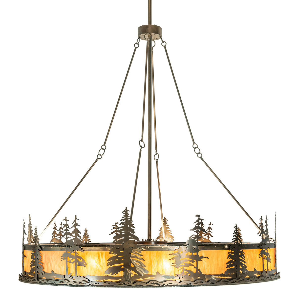 Front lit view showcasing pine tree silhouettes and glowing amber diffuser.
