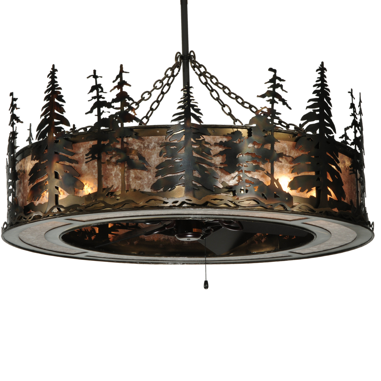 Front view of illuminated Tall Pines Chandel-Air showcasing forest silhouette.