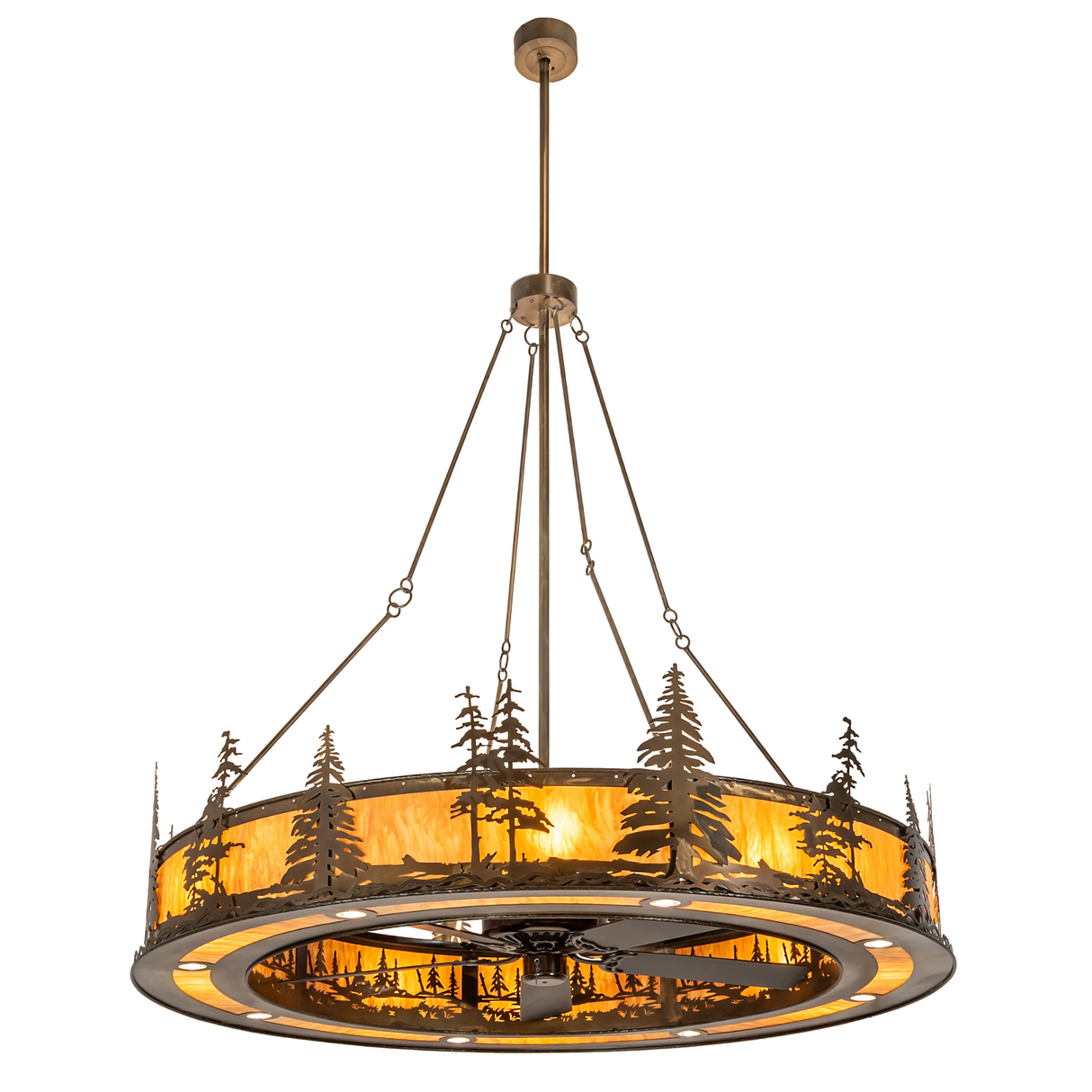 Full front lit view of 72-inch Tall Pines Chandel-Air with forest motif.