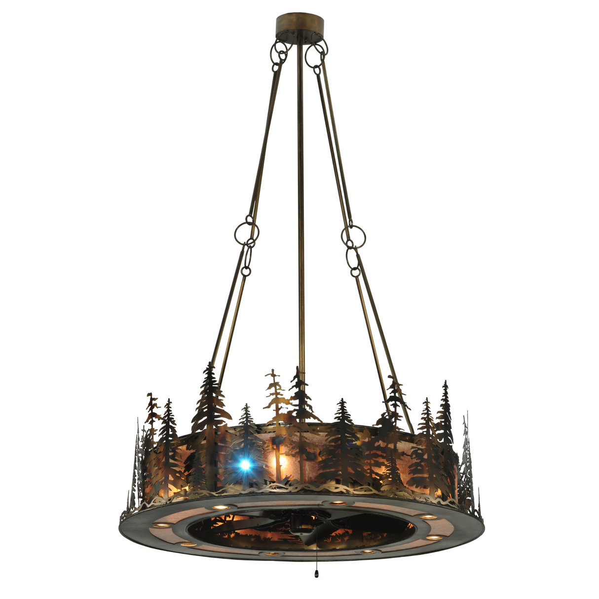 Full view of illuminated Tall Pines Chandel-Air with pine tree design.