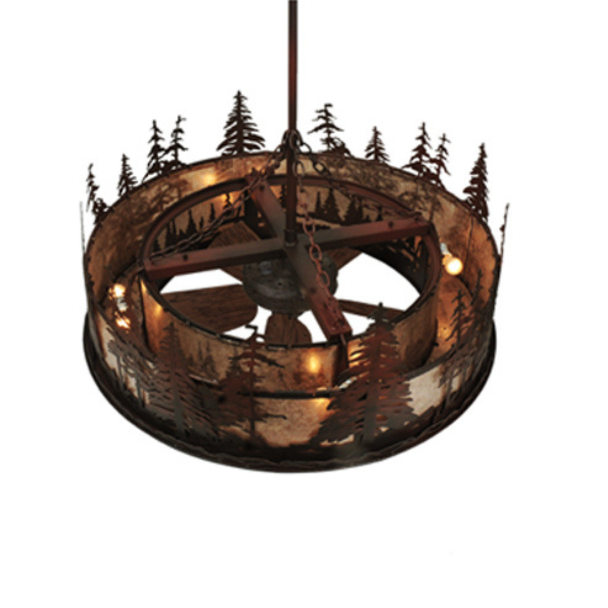 Interior view showing light bulbs and pine cutout design.