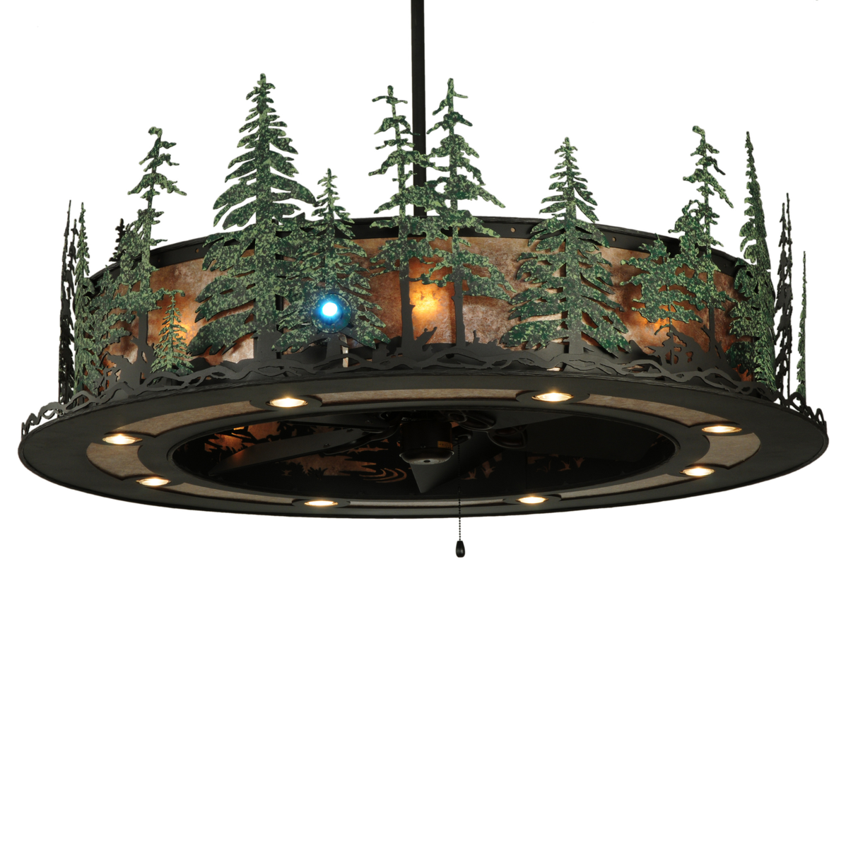 Tall Pines Chandel-Air glowing warmly with pine tree silhouettes and mica diffuser.