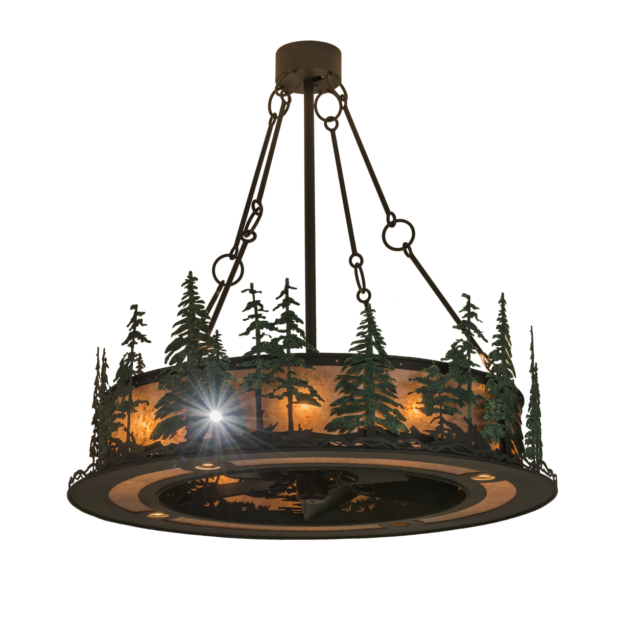 Tall Pines Chandel-Air illuminated with bronze finish and forest design.