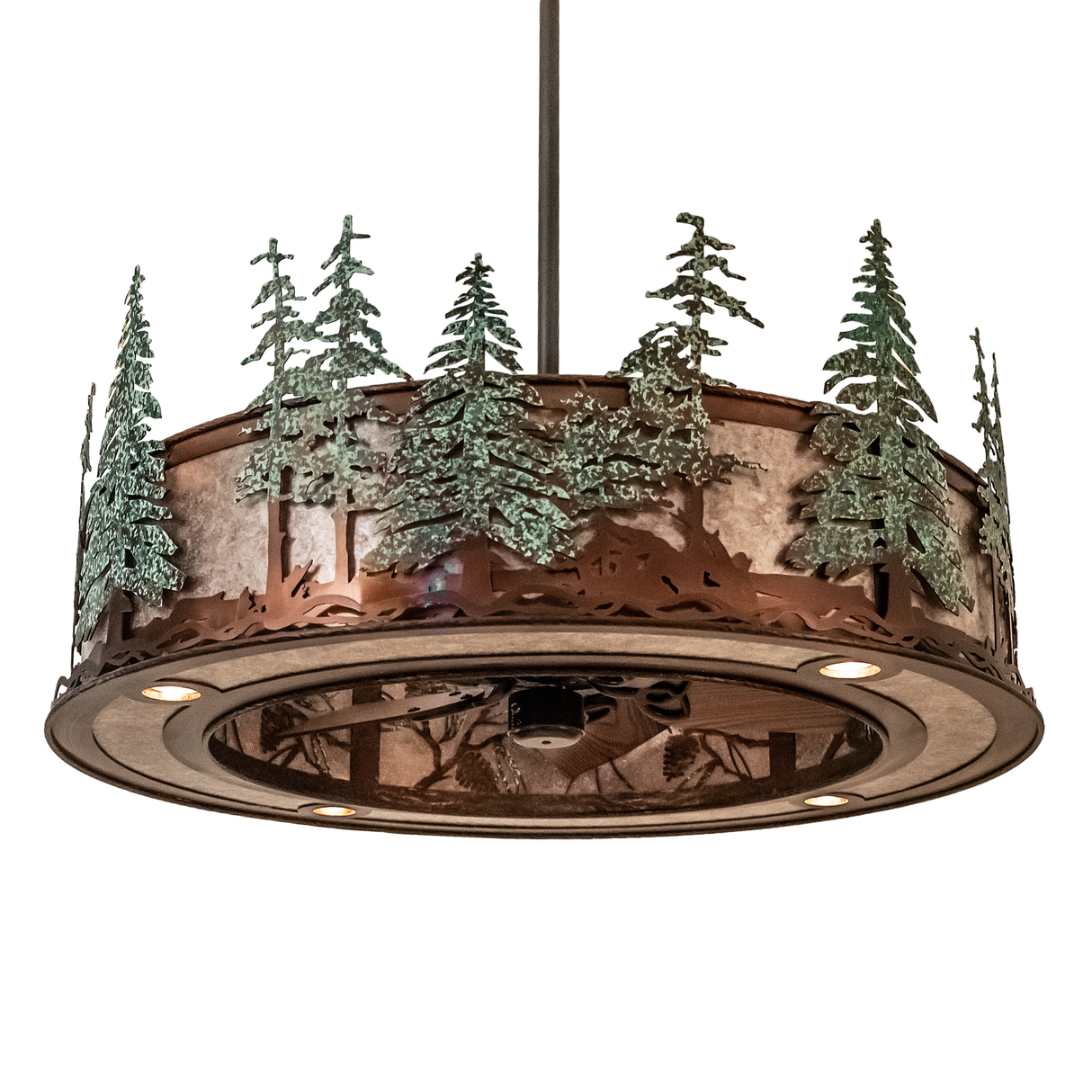 Angled view capturing warm illumination and handcrafted forest pattern.
