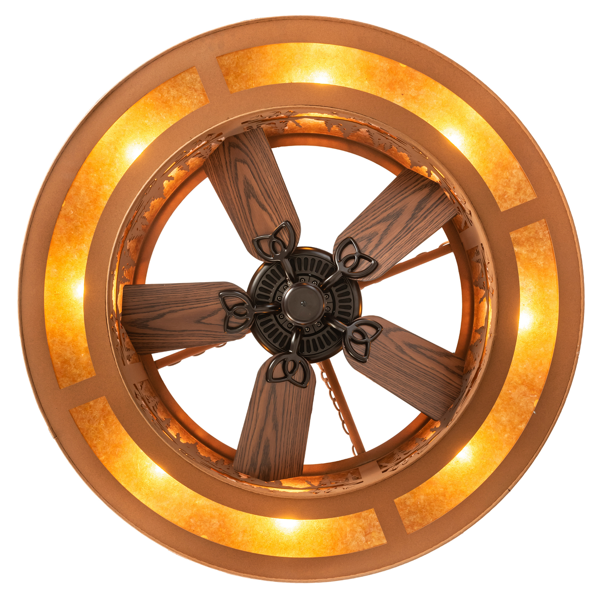 Bottom lit view revealing fan blades framed by glowing mica panels.