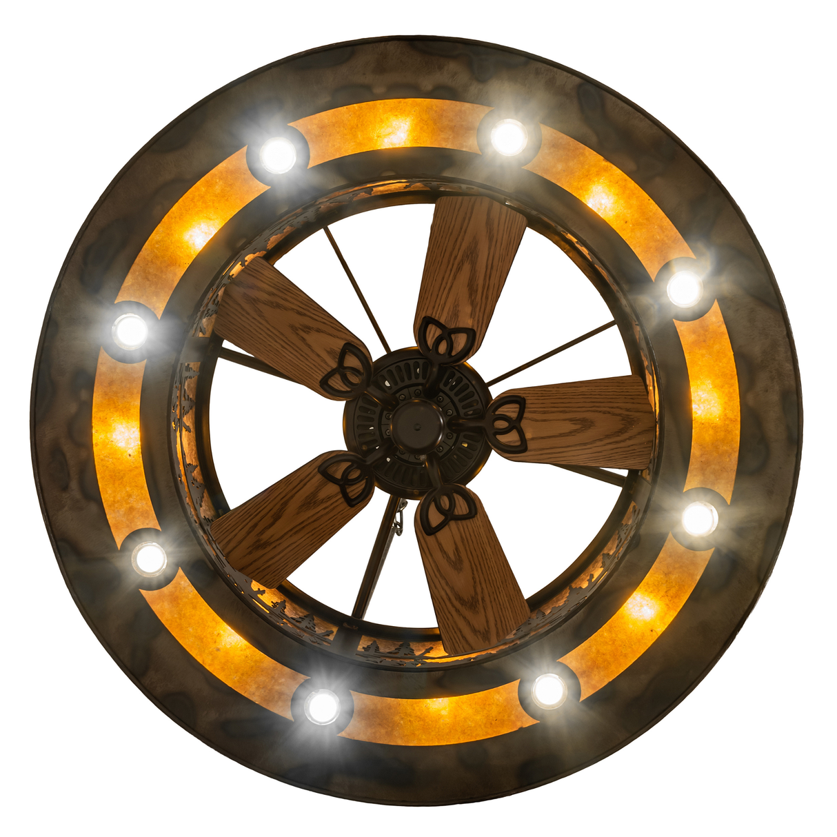 Bottom lit view of fan and circular downlights glowing in symmetry.