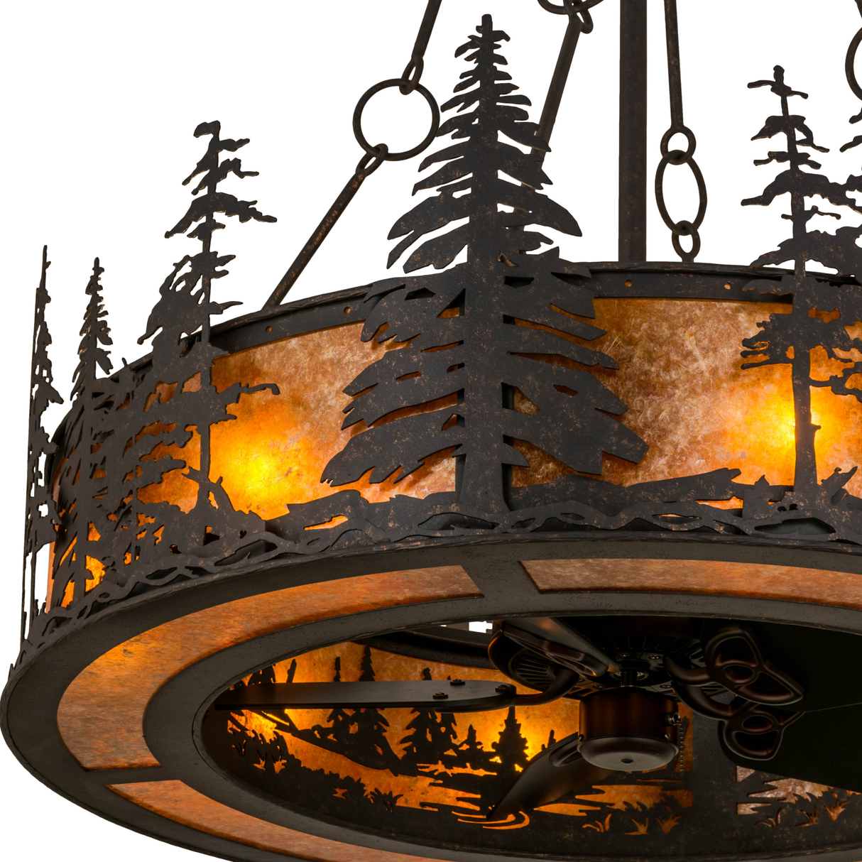 Closeup of detailed pine tree cutouts with rustic metal texture.