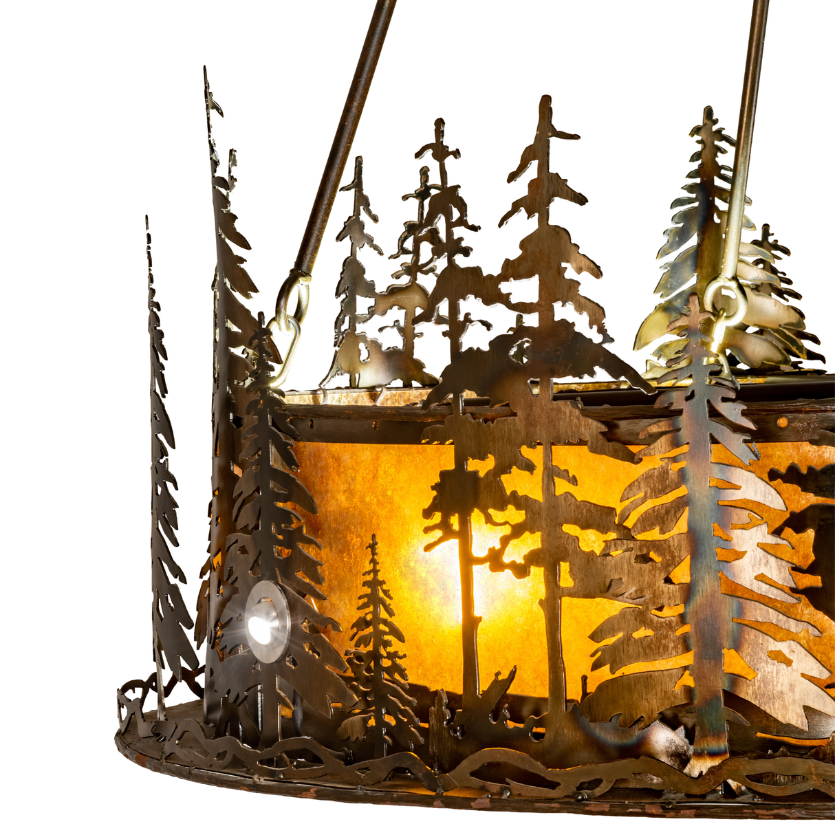 Close-up detail showing glowing forest metalwork and texture.