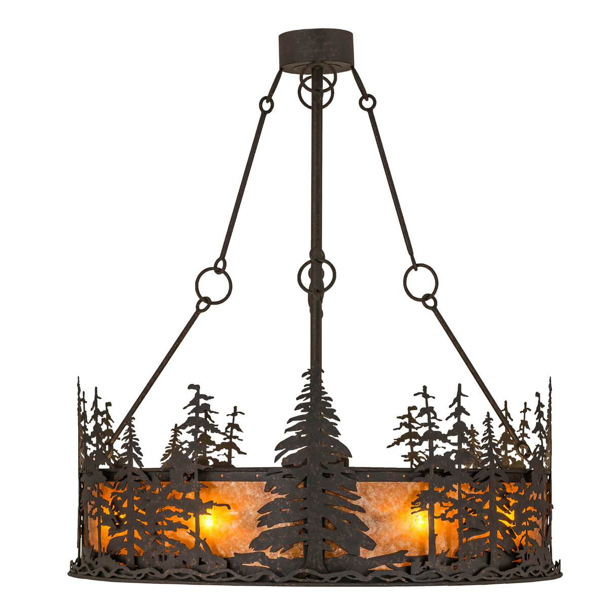Front view highlighting pine forest design and warm amber glow.