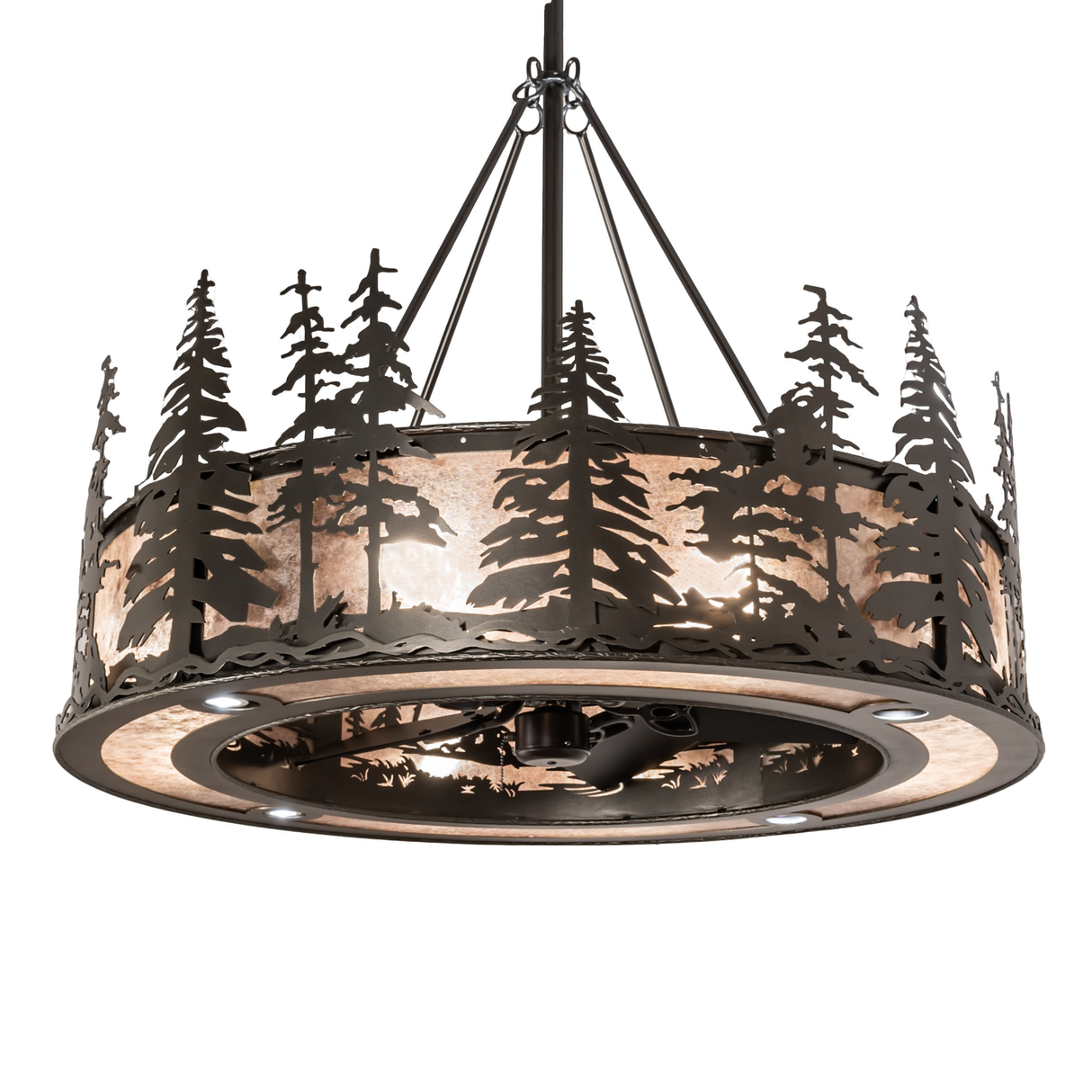 Tall Pines Chandel-Air chandelier fan glowing with silver mica diffuser.