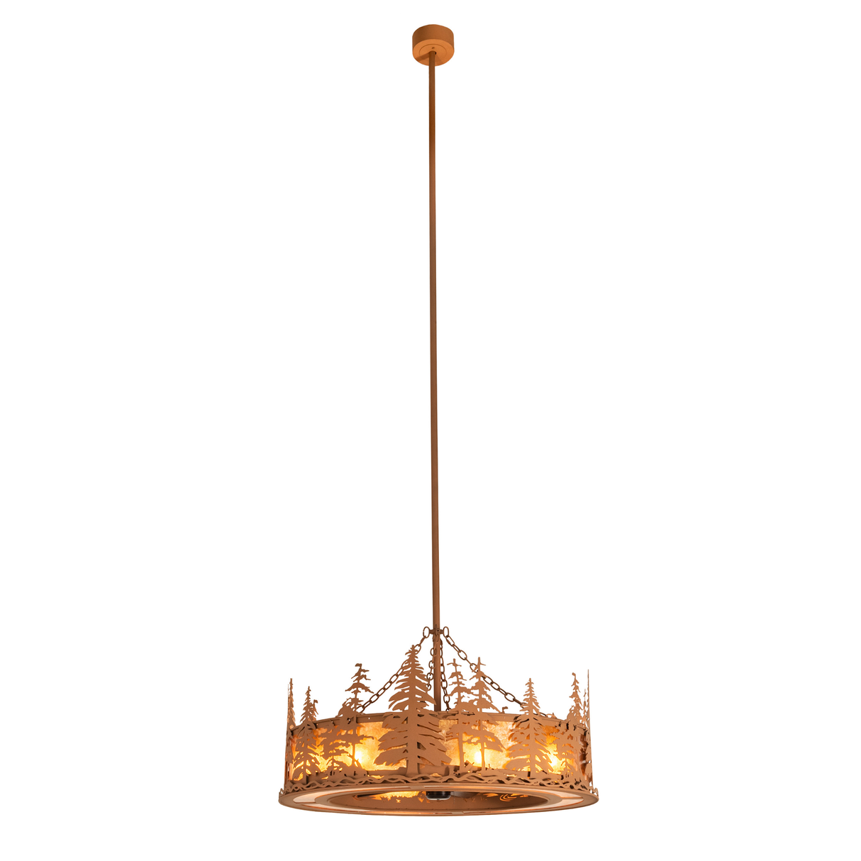 Full view showing long downrod and warmly glowing pine-themed design.