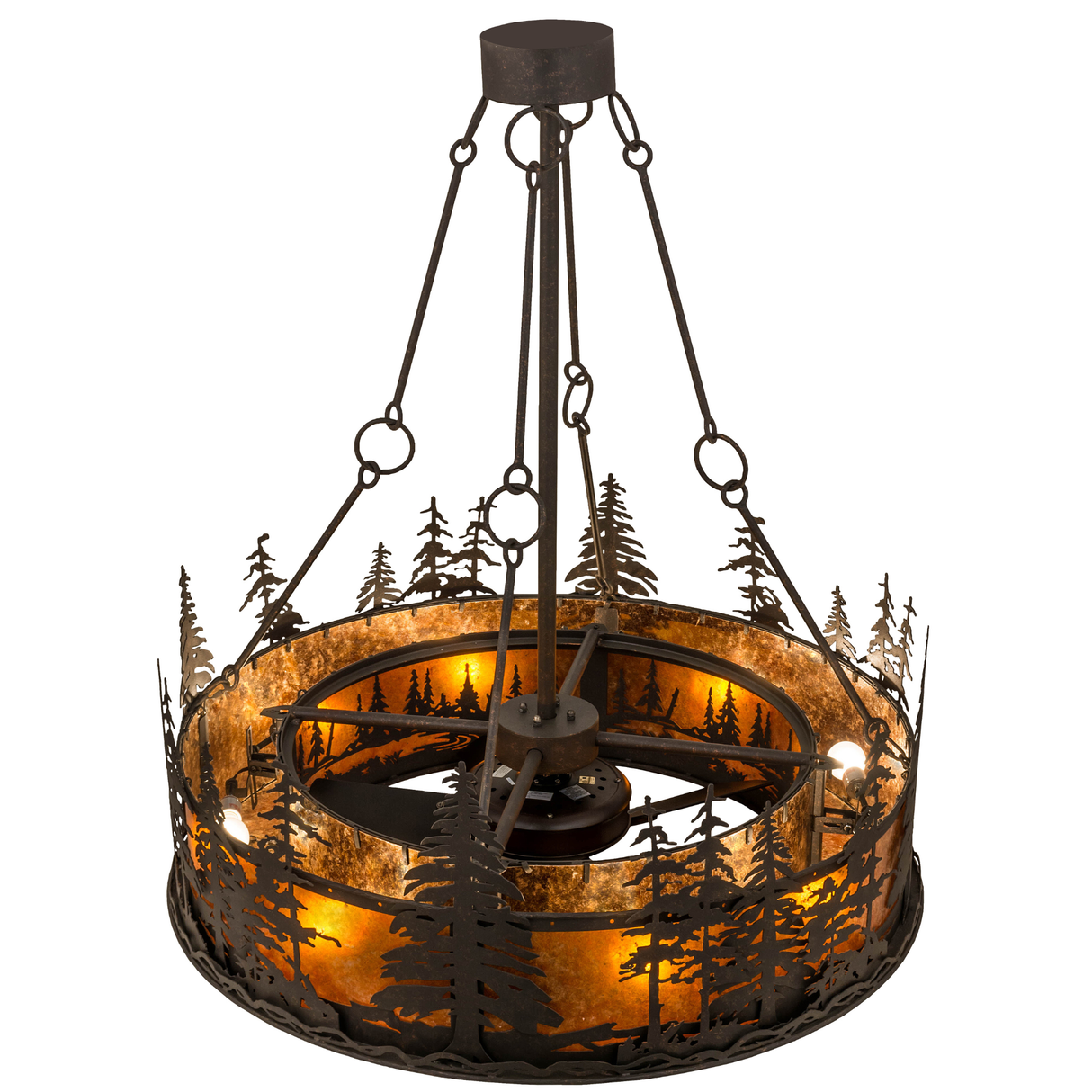 Top angled view showing glowing Amber Mica panels and tree cutouts.