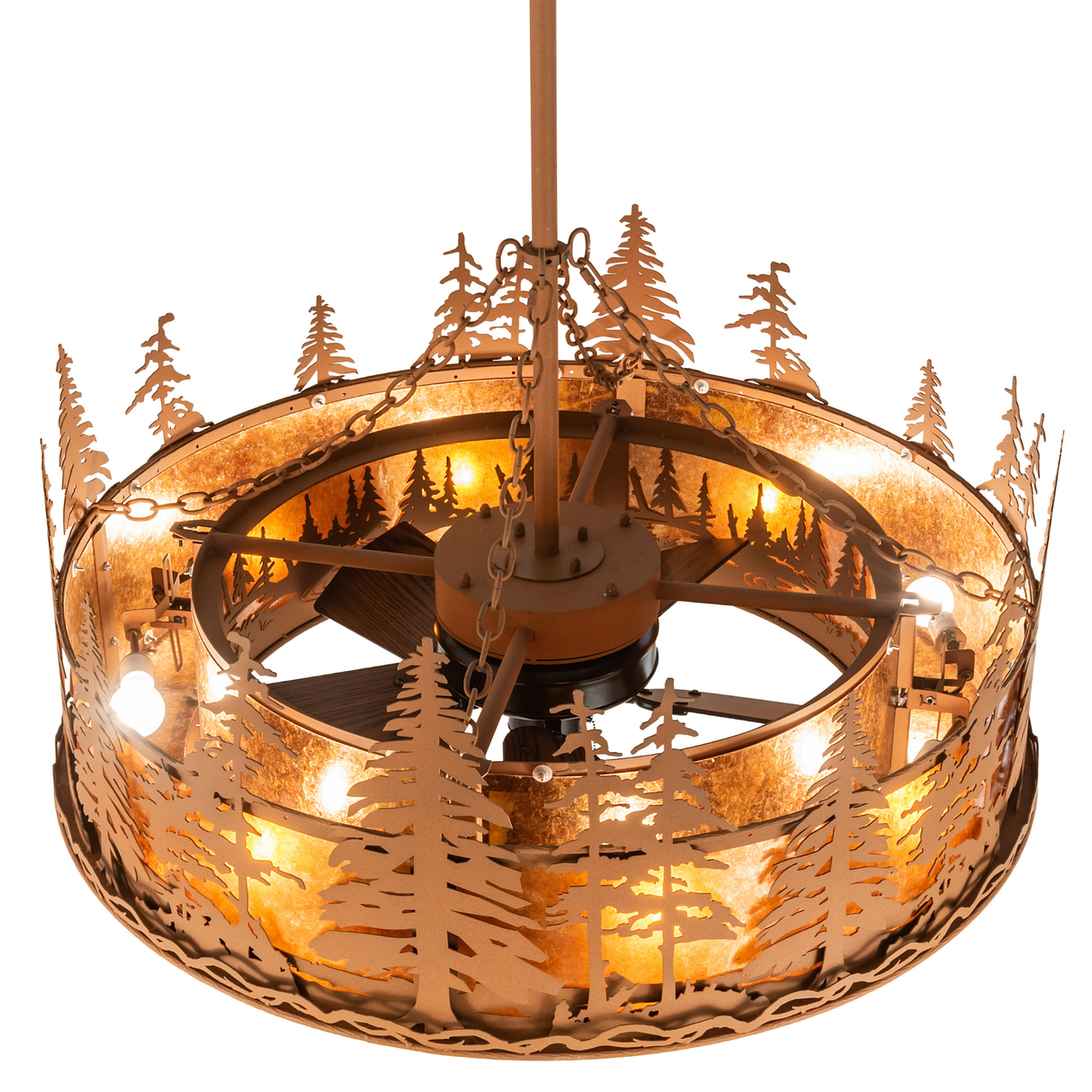 Top angled lit view showing internal bulbs and handcrafted frame.
