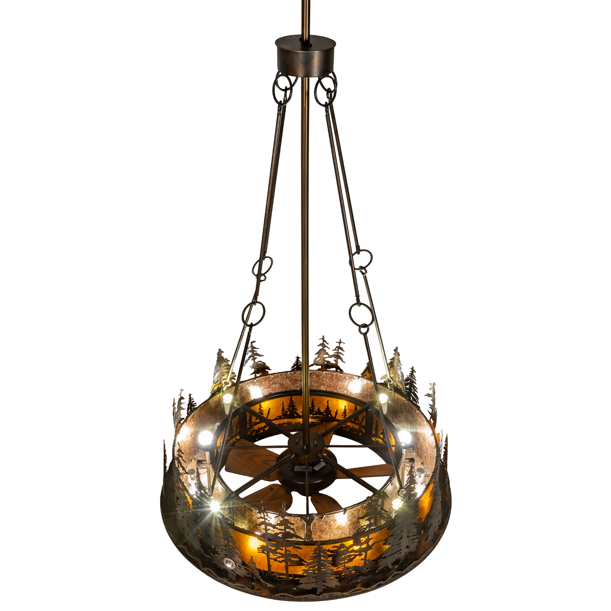 Top angled lit view showing layered lighting and fan placement.