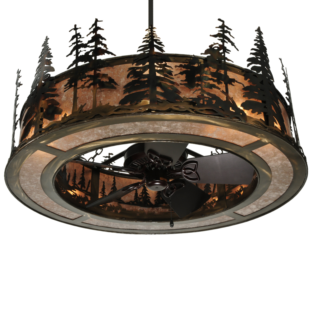 Lower angle capturing detailed tree silhouette and inner fan blades.