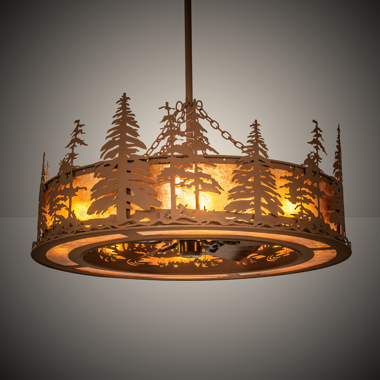 Ambient lit view showing pine silhouettes casting a warm glow.