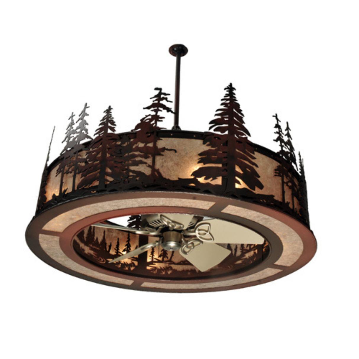 Side bottom view with forest-themed metalwork and fan blades.