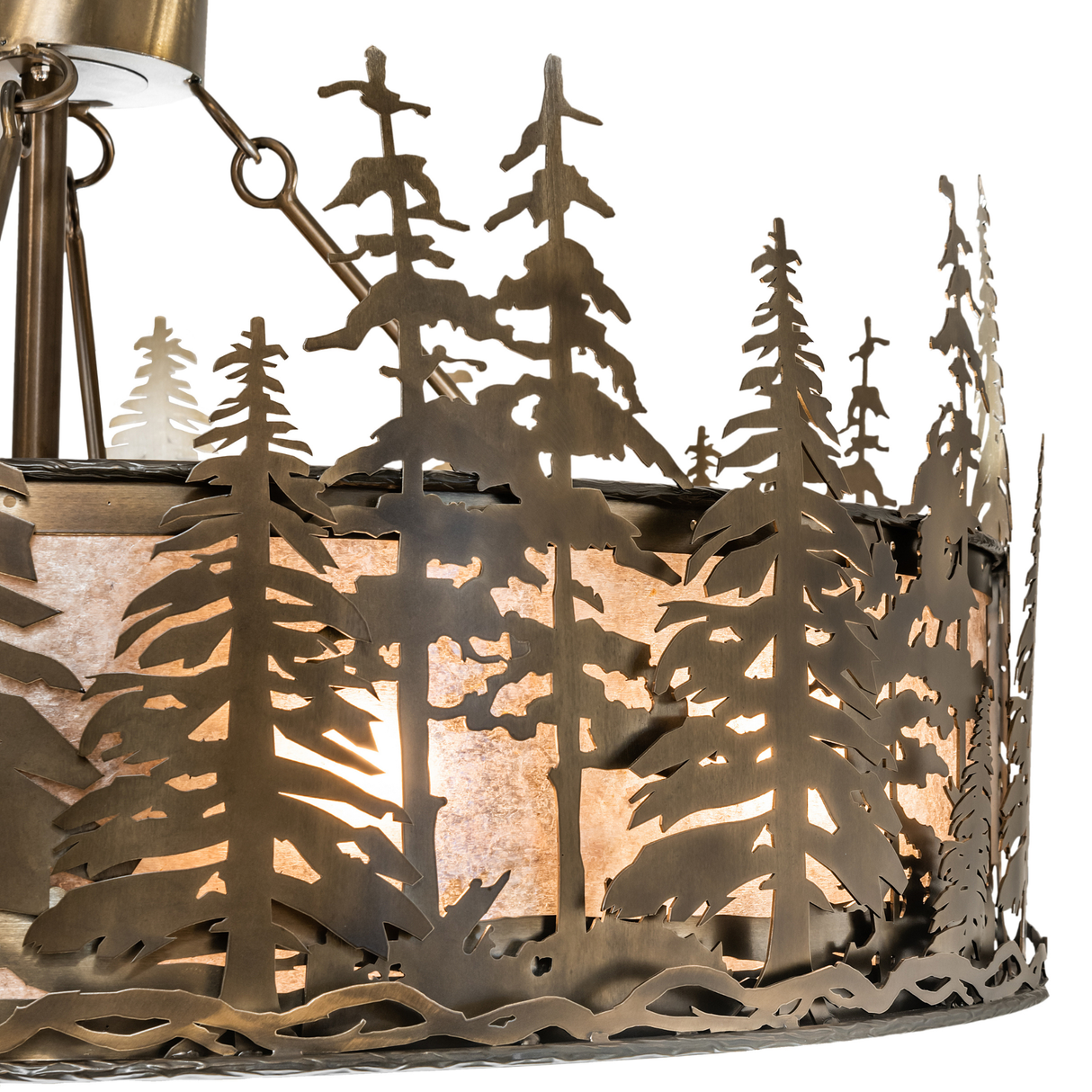 Side detail of Tall Pines Chandel-Air highlighting antique copper pine silhouettes.