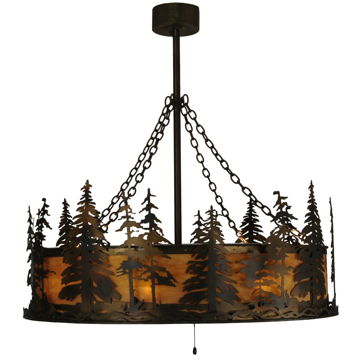 Side lit view showing layered pine trees and amber illumination.