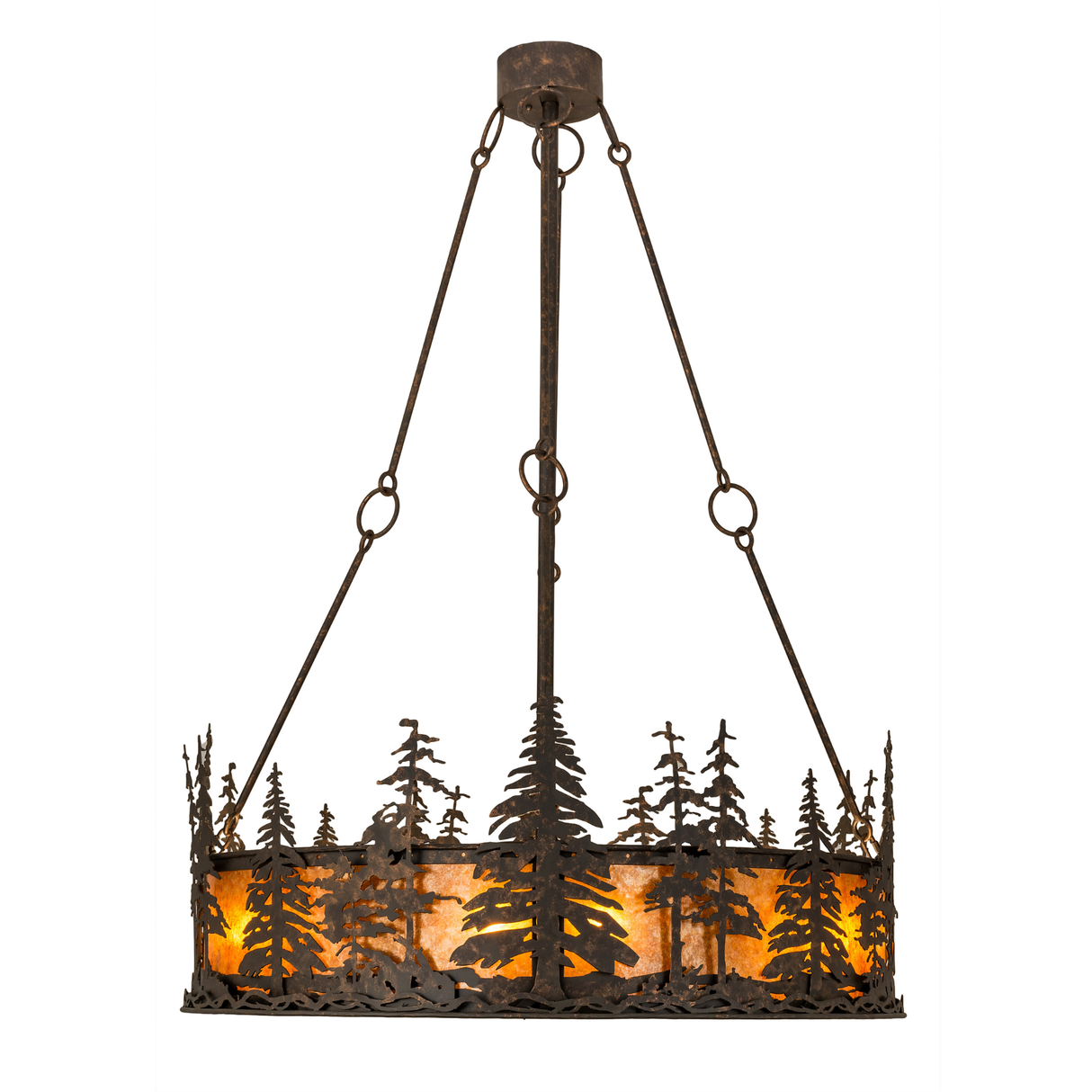 Side lit view showing handcrafted pine cutouts and glowing mica shade.