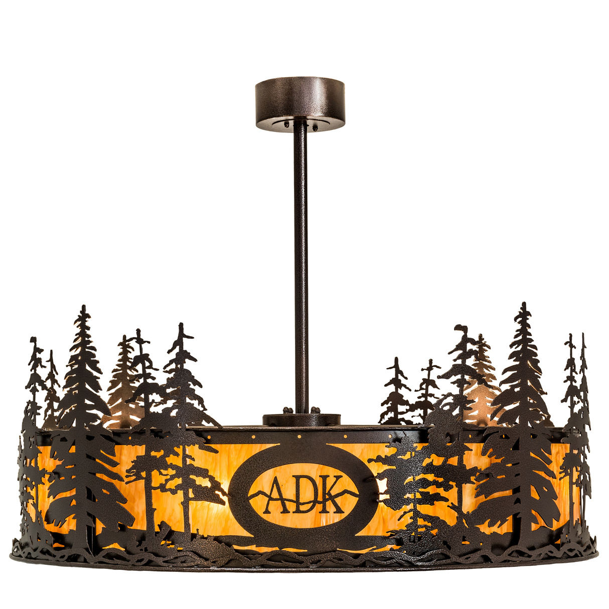 Side lit view of Tall Pines Chandel-Air featuring ADK motif and glowing mica.