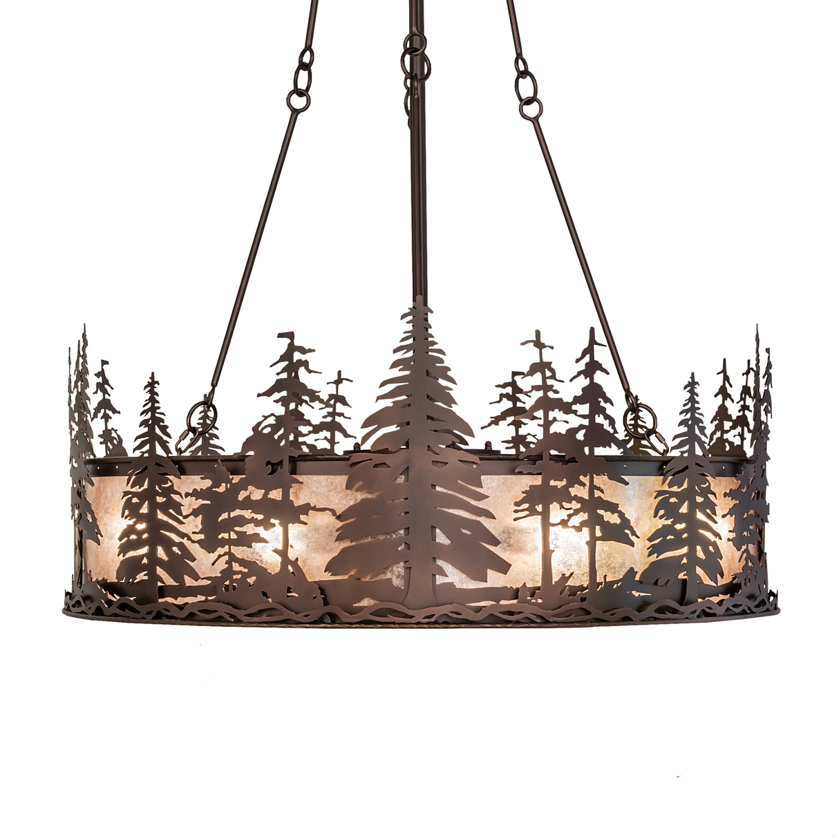 Side profile of Tall Pines Chandel-Air with layered pine silhouettes.