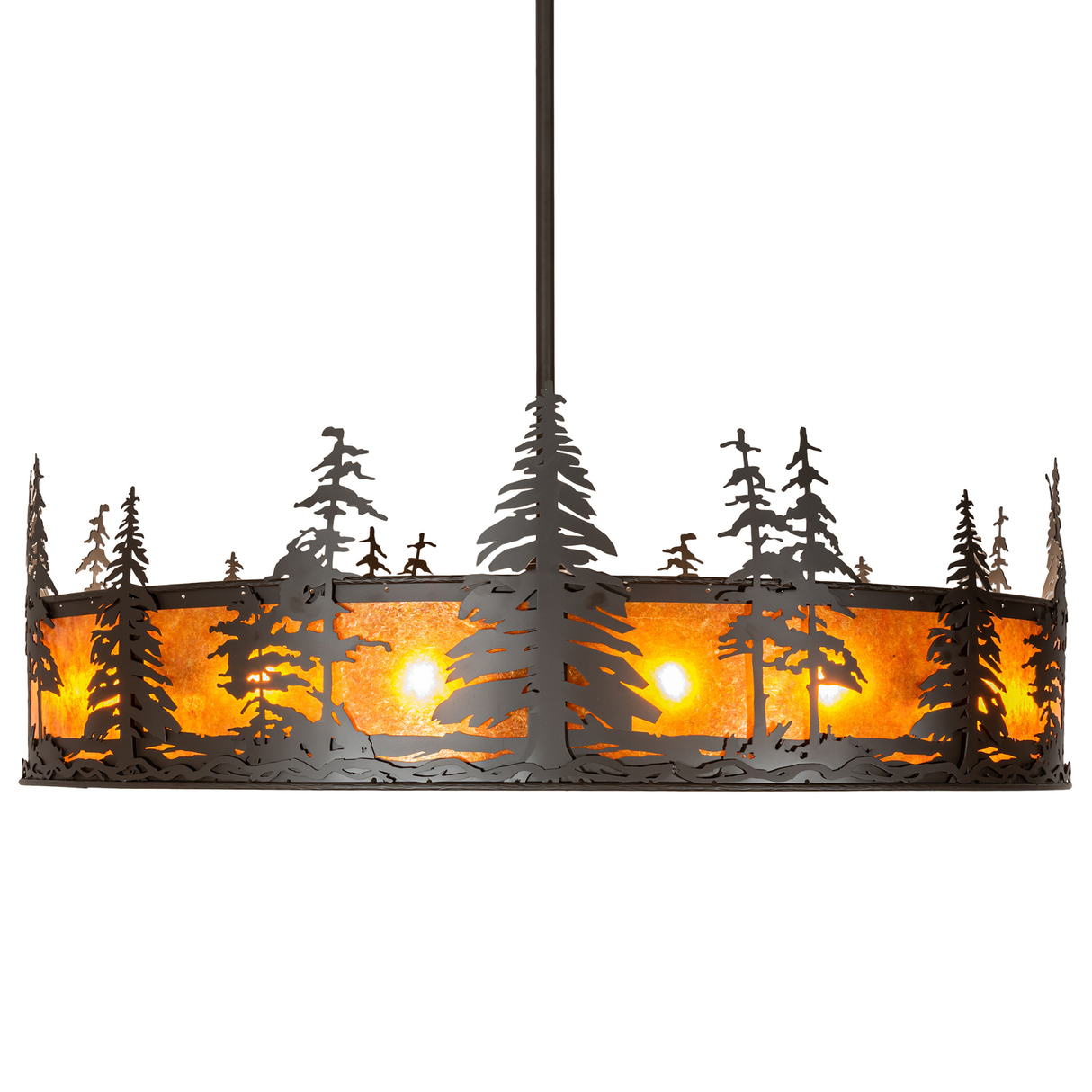 Side view showcasing forest silhouette and glowing mica panels.