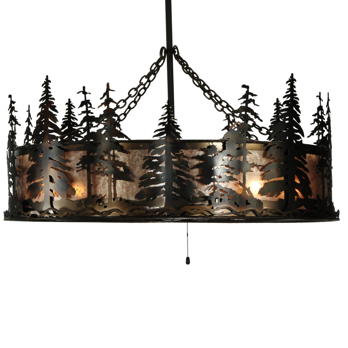 Side view showing pine tree patterns and bronze chain suspension.