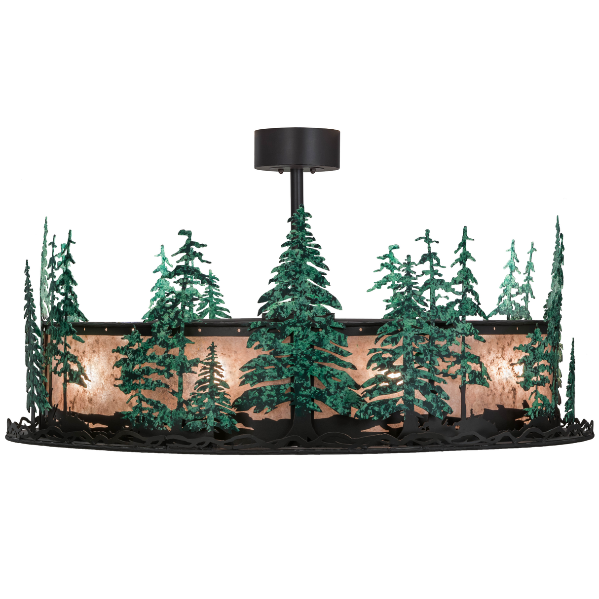 Side lit view featuring handcrafted pine tree silhouettes.