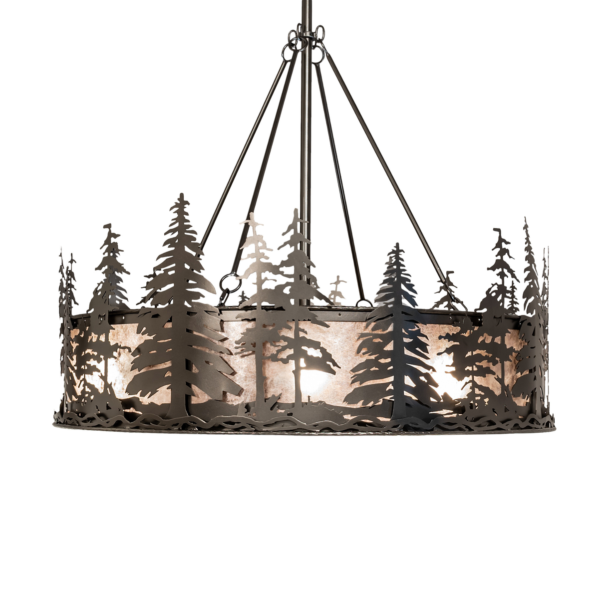 Side angle highlighting glowing silver mica and layered pine cutouts.
