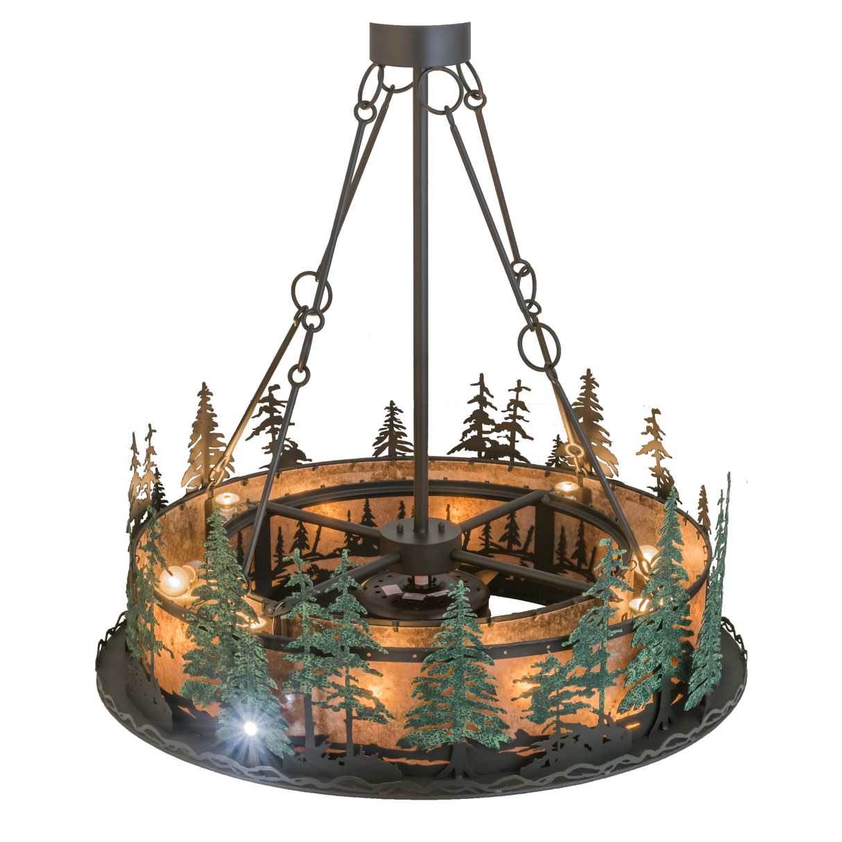 Top angled view showcasing upper chain supports and ambient lighting glow.
