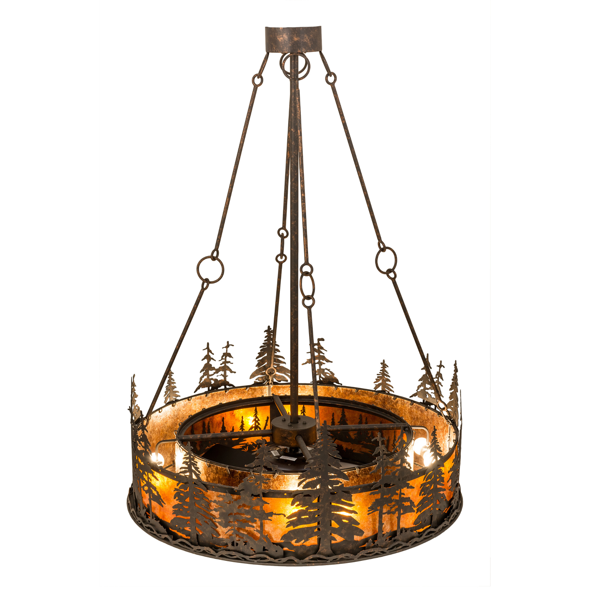 Top angled lit view highlighting pine designs and light distribution.
