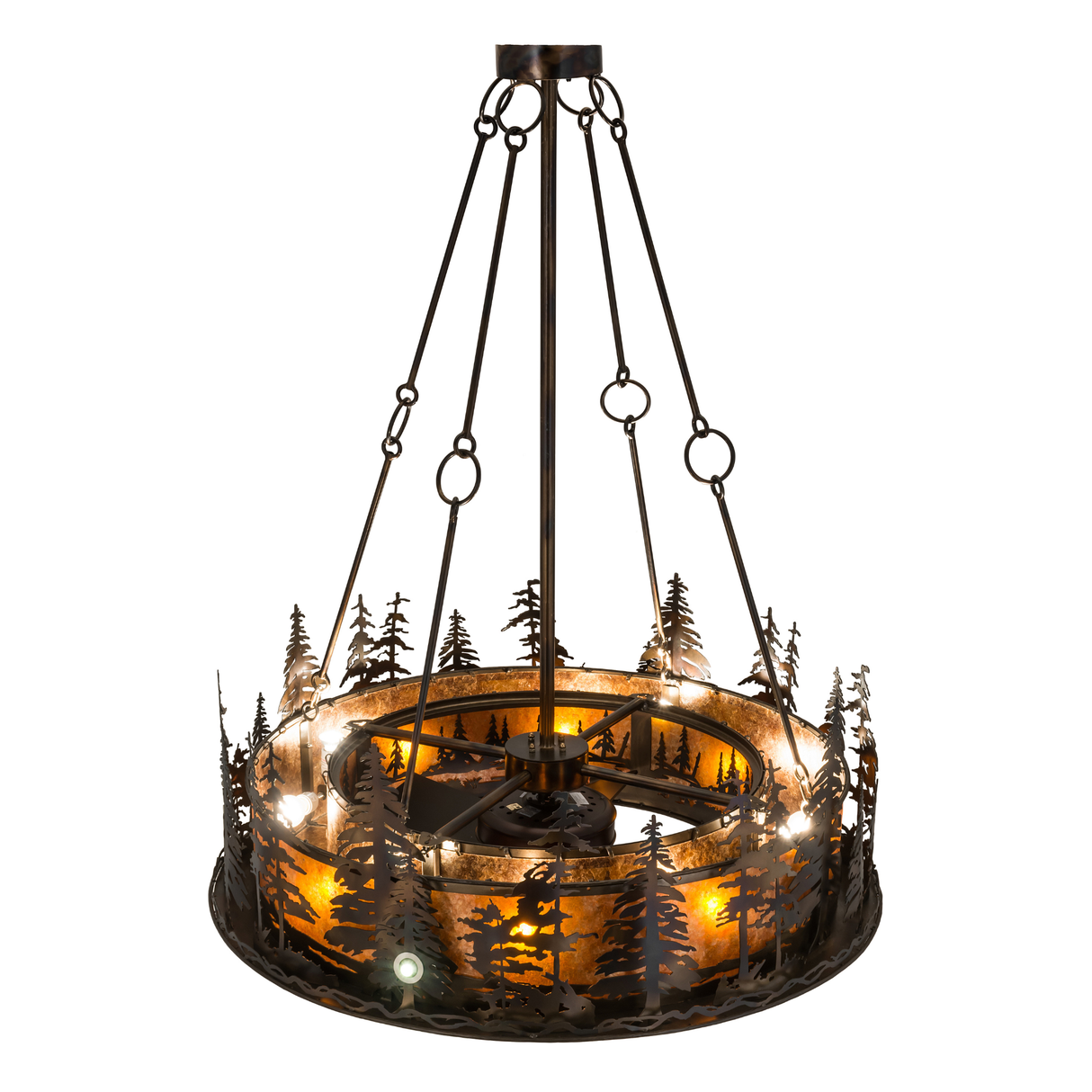 Top angled lit view showing warm illumination and bronze structure.