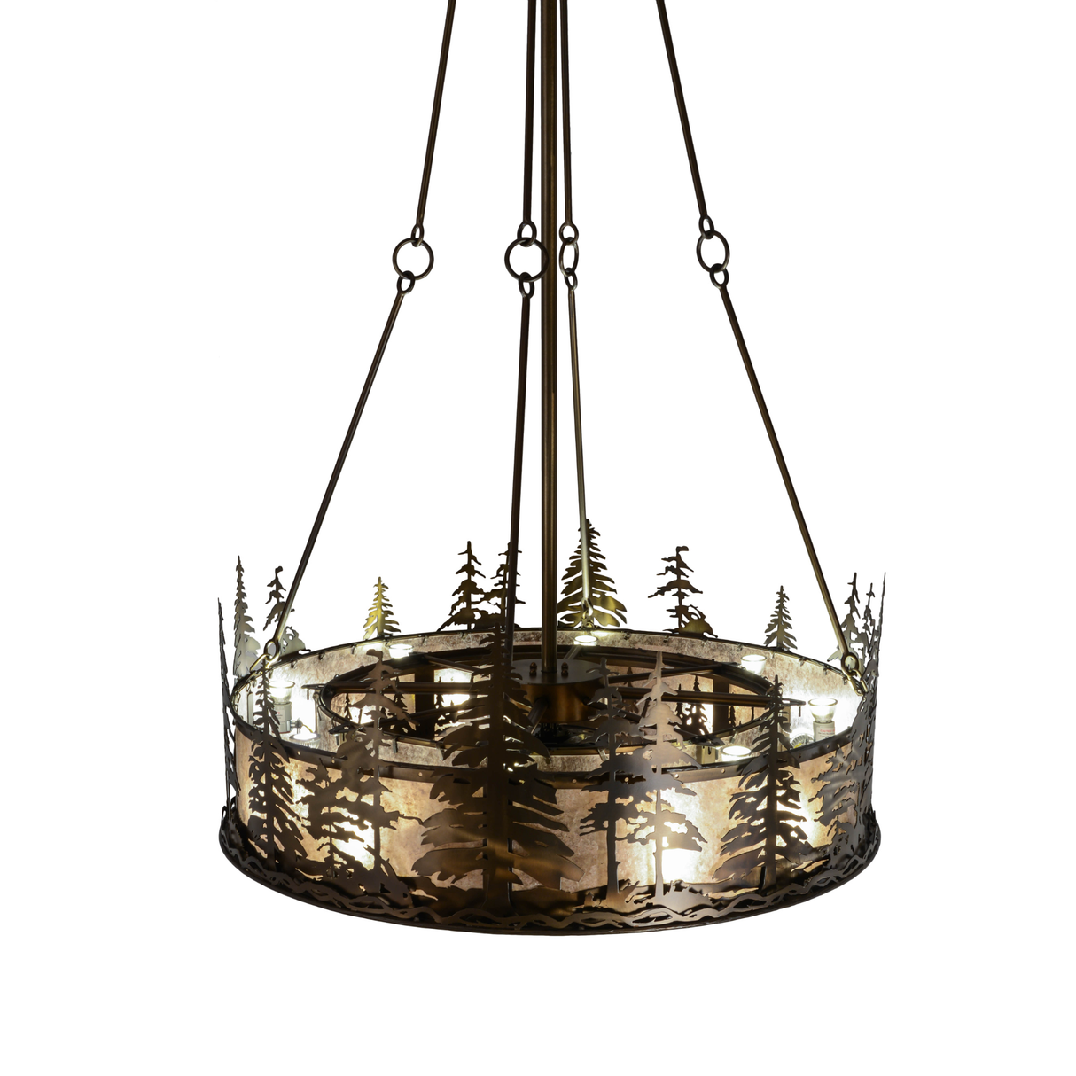 Top angled lit view showing illuminated silver mica shade and pine tree accents.