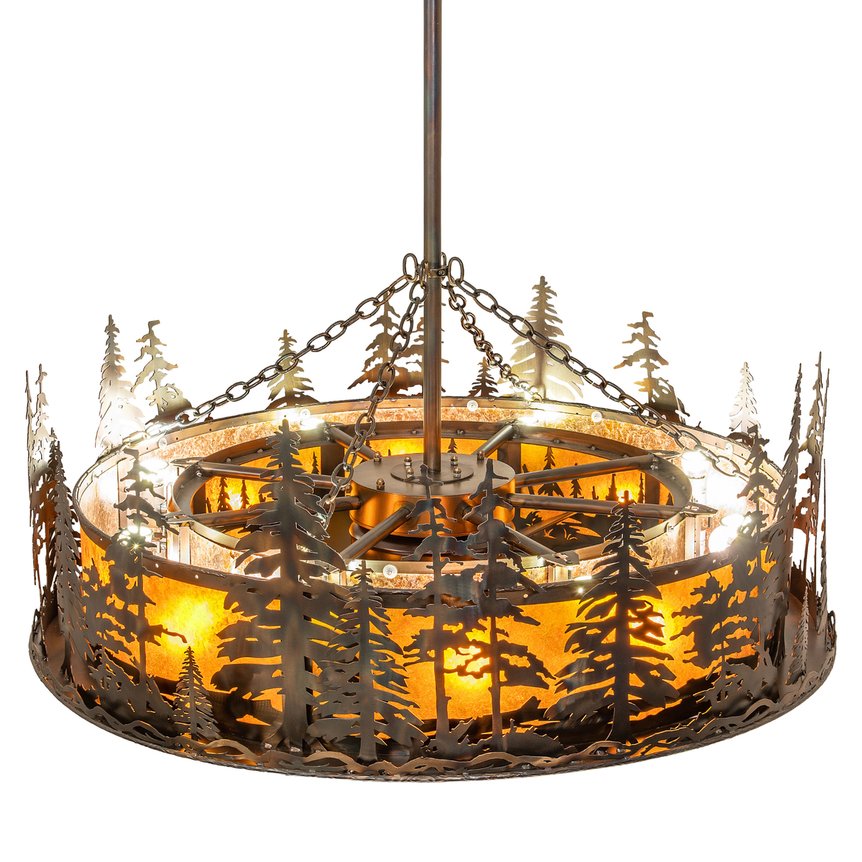 Top angle showing chain suspension and inner fan framed by glowing amber mica.