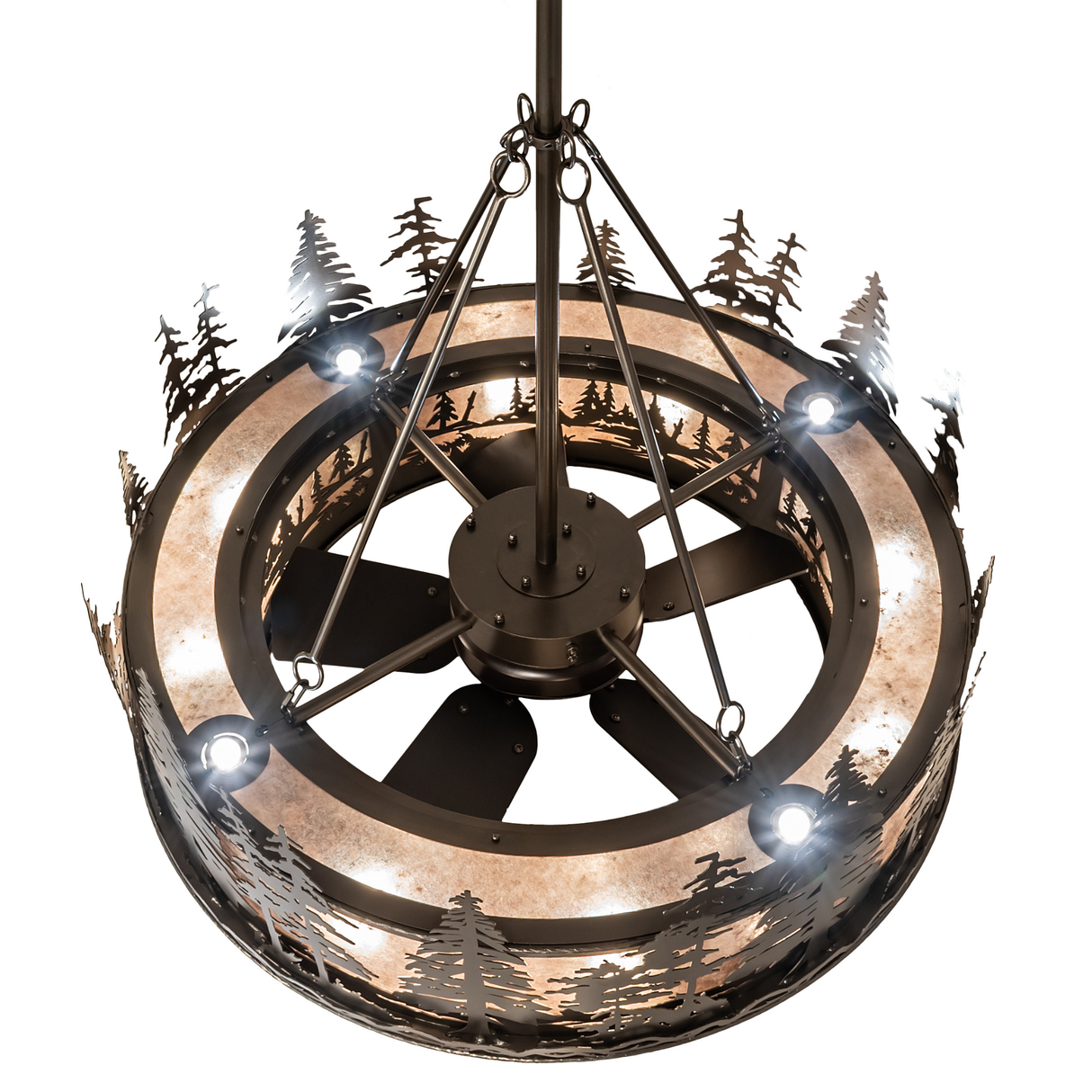 Overhead view with inner lights and fan blades surrounded by pine art.