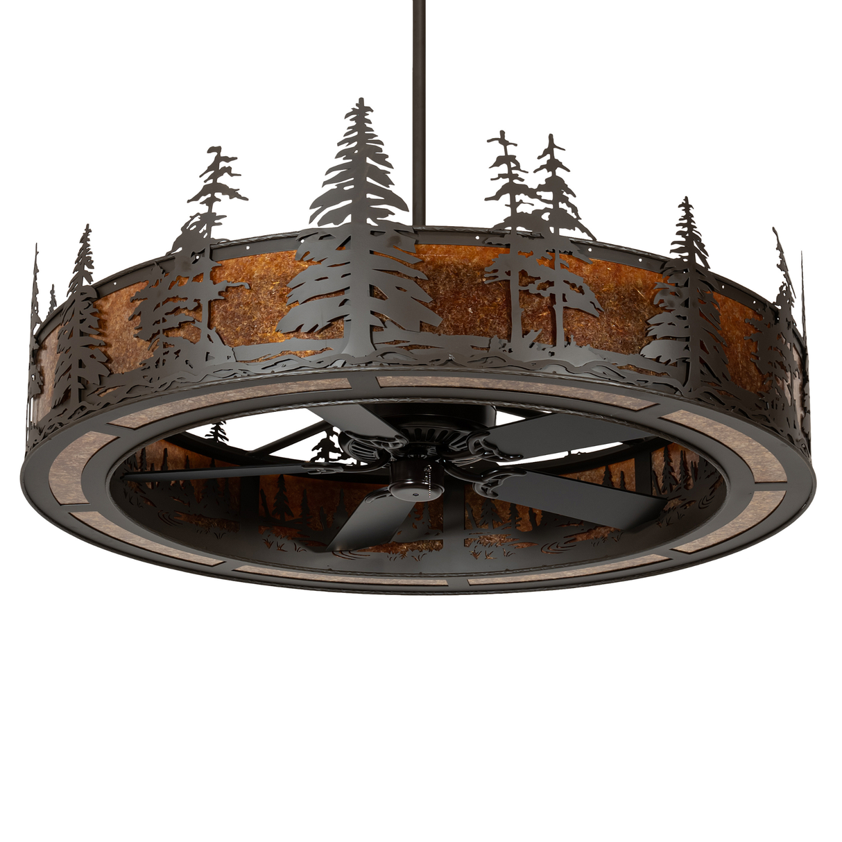 Unlit angled view showing detailed pine forest metalwork.