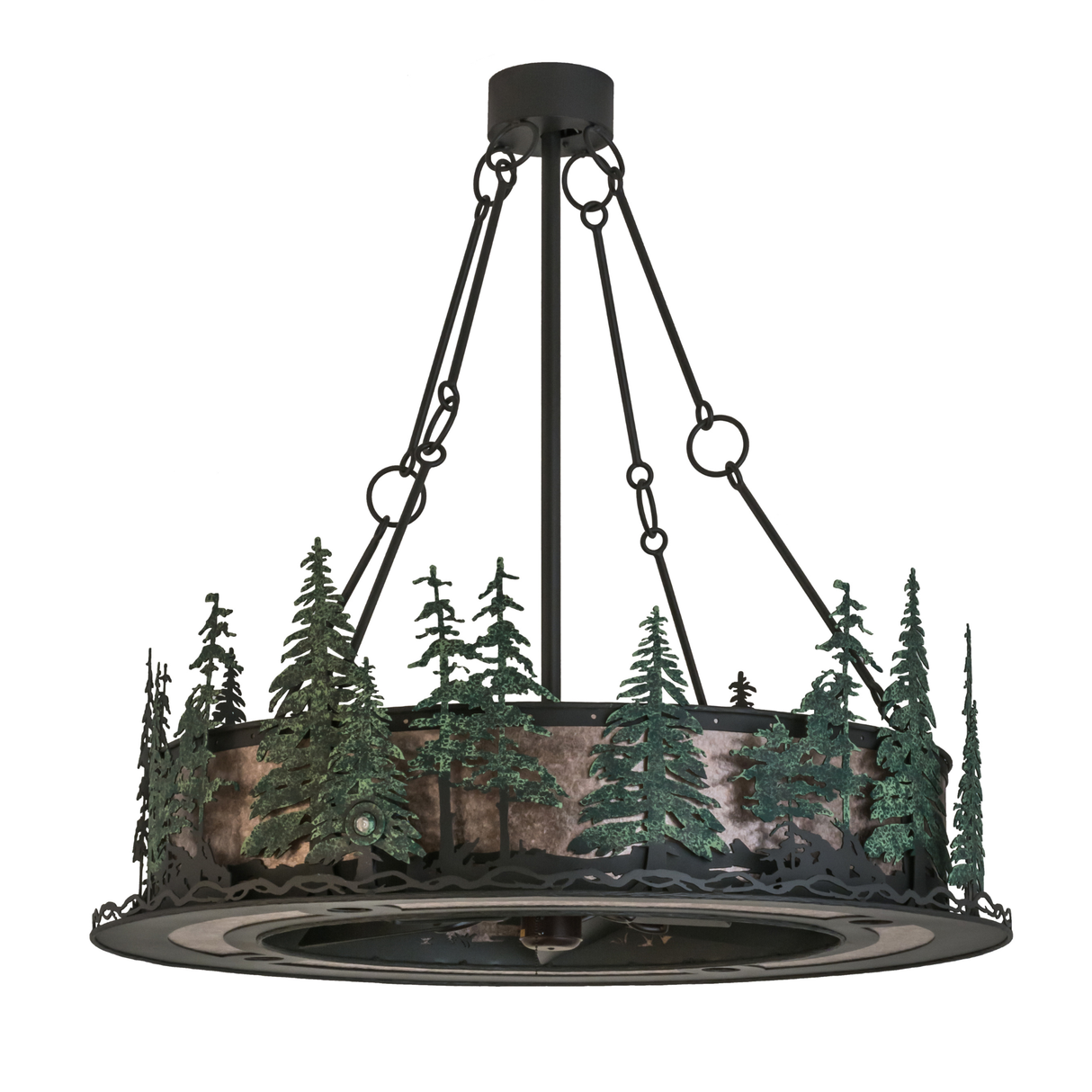 Unlit front view highlighting intricate pine tree metalwork and structure.
