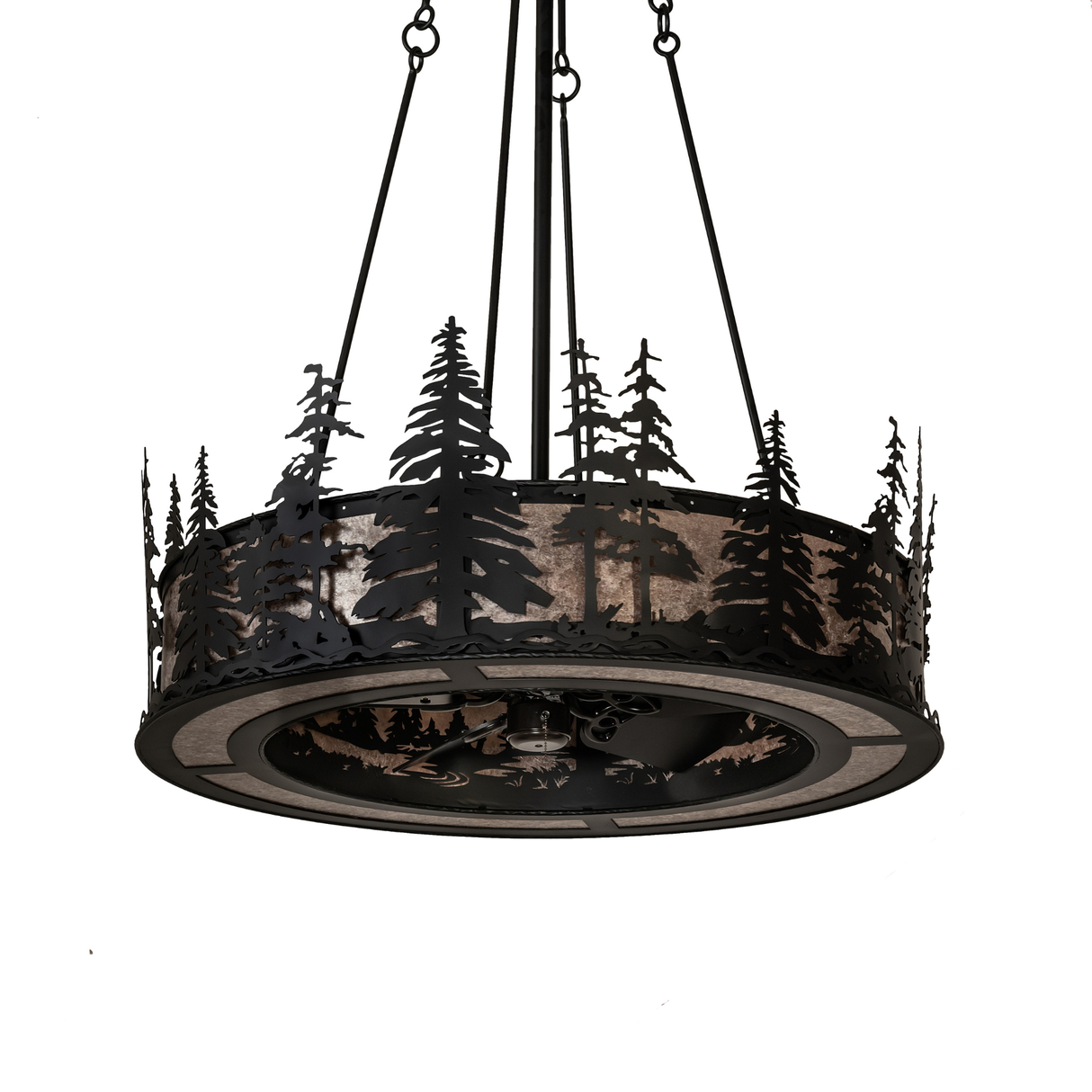 Unlit front view of handcrafted pine tree design with mica panels.