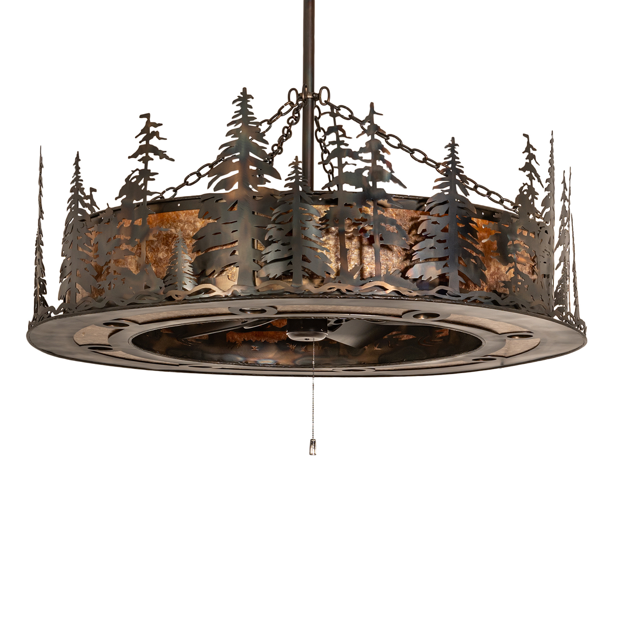 Unlit view showcasing handcrafted metal pine forest design and copper finish.