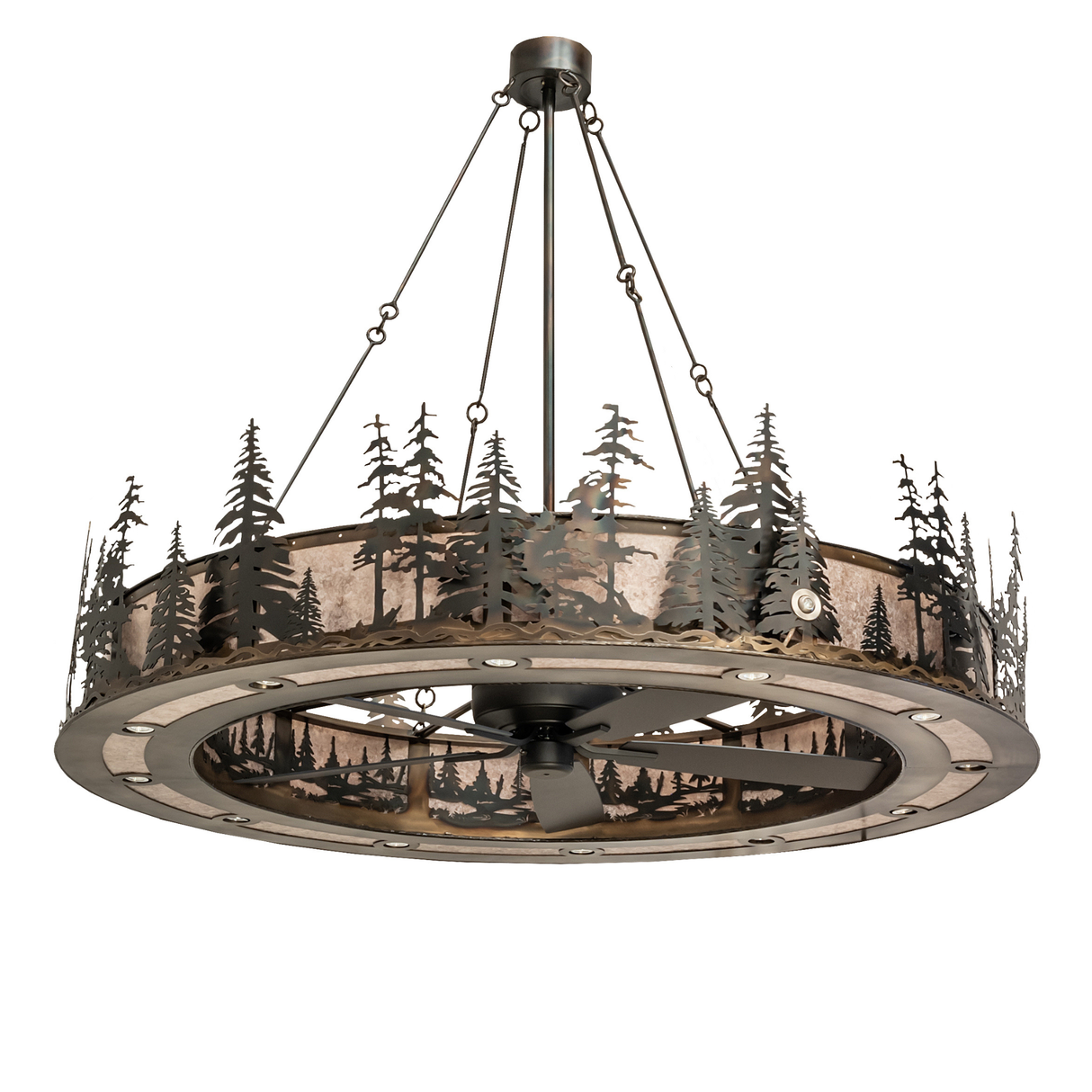 Unlit side view showing handcrafted pine tree metalwork and mica shade.