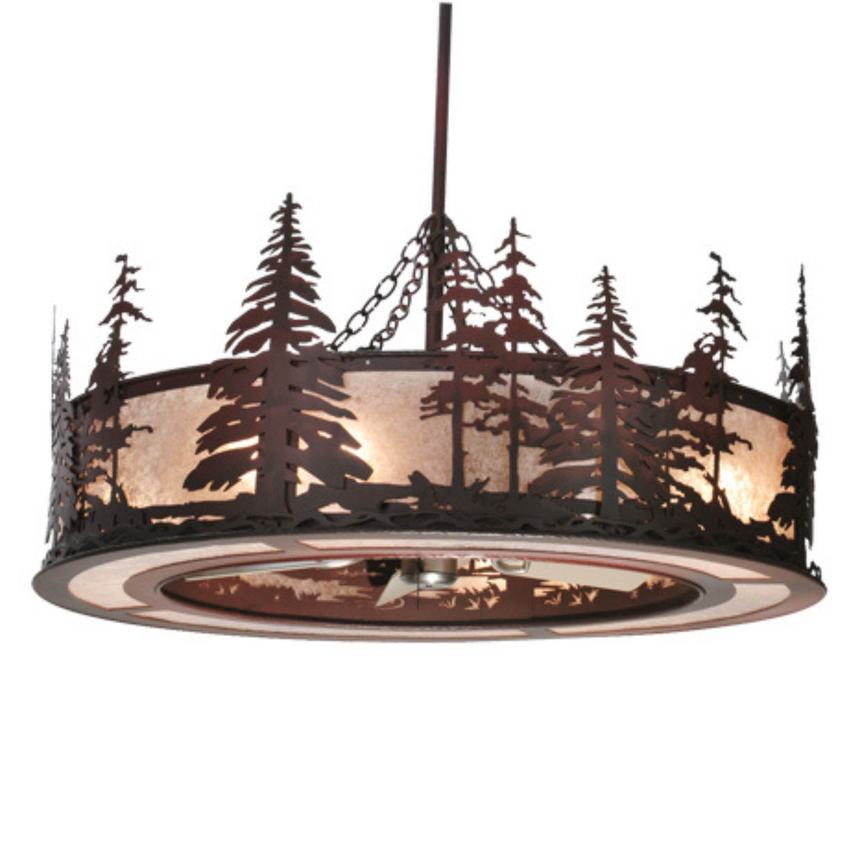 Wide front view highlighting rustic metalwork and illuminated mica shade.