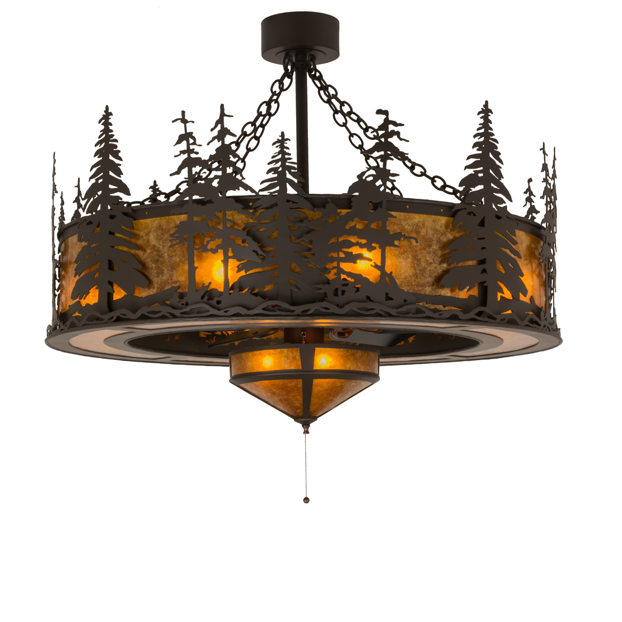 Tall Pines Chandel-Air illuminated with amber mica and forest cutouts.