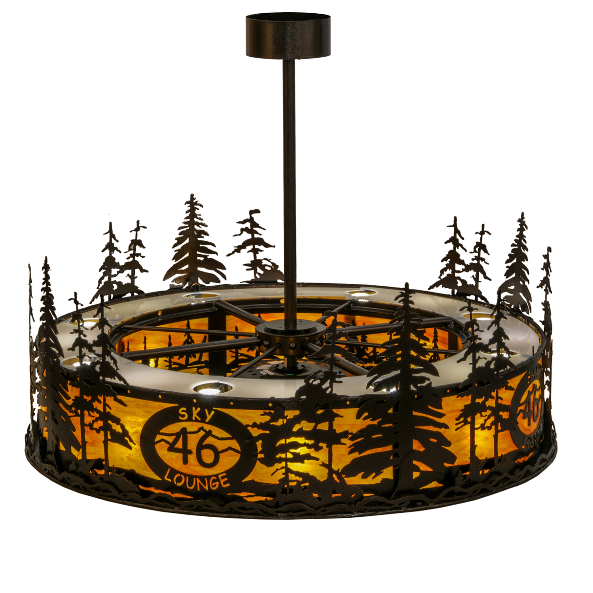 Top lit view showing handcrafted metal pine forest silhouette details.