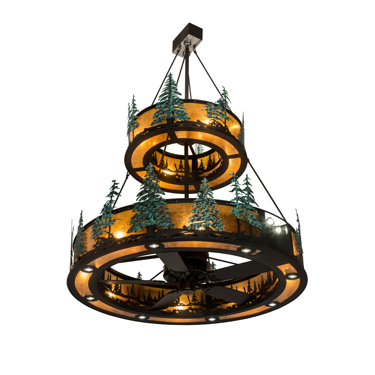 Bottom angled lit view featuring the fan blades and inner forest design.
