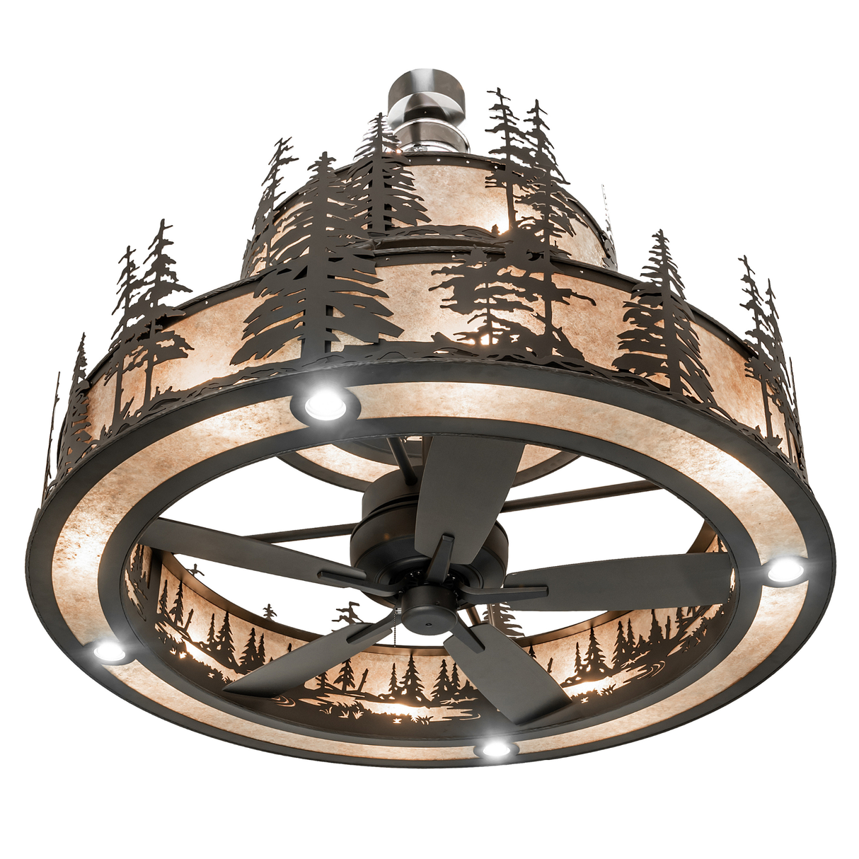 Bottom angled lit view revealing fan blades and illuminated mica rings.