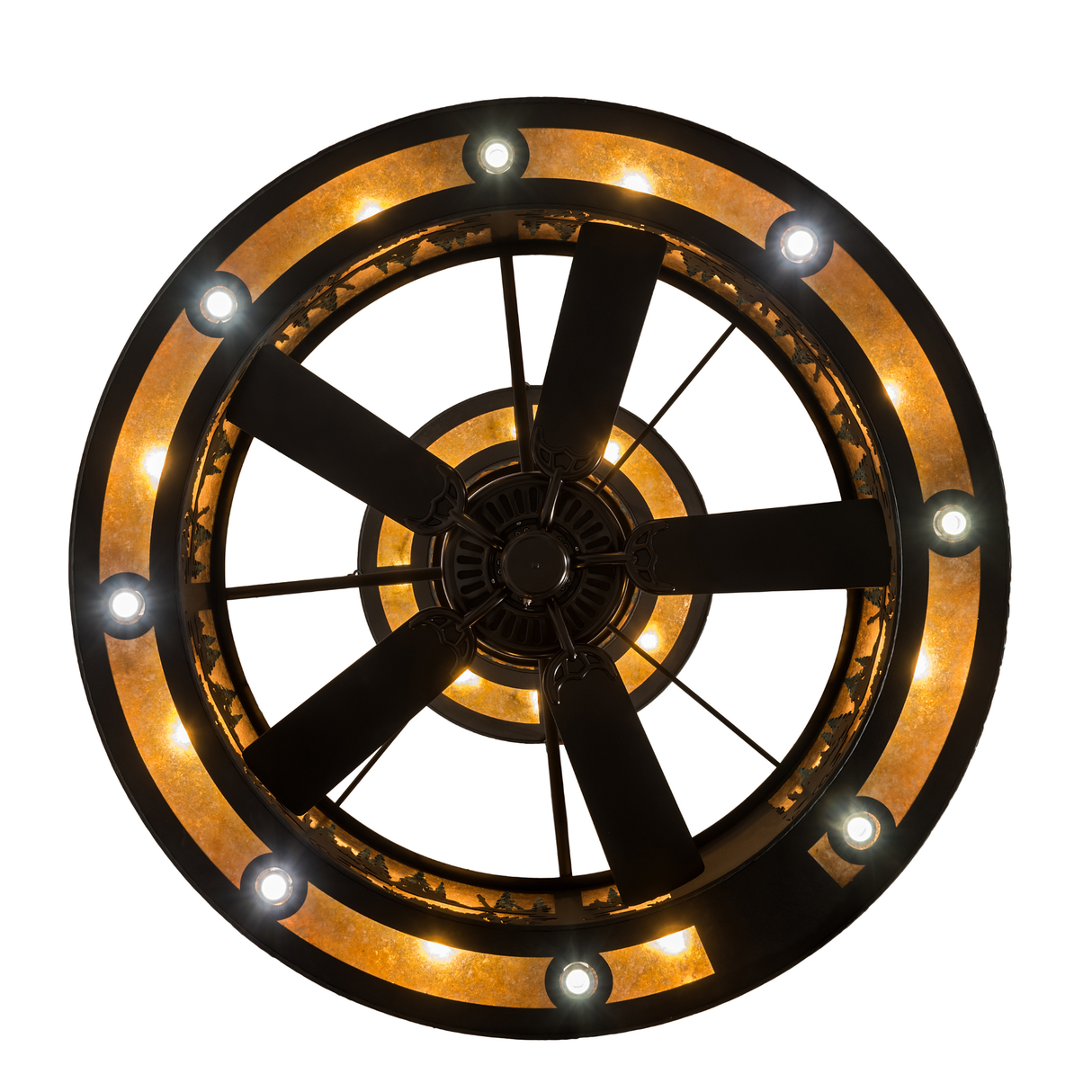 Bottom lit view showcasing fan and glowing concentric amber mica panels.