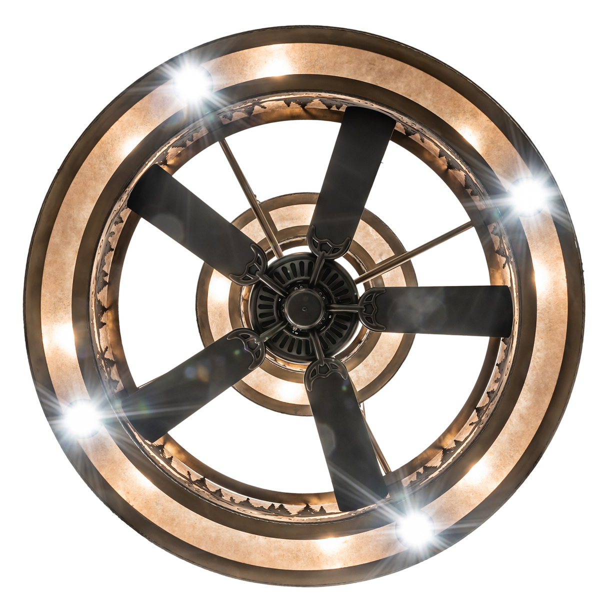 Bottom view of fan blades framed by glowing mica panels.
