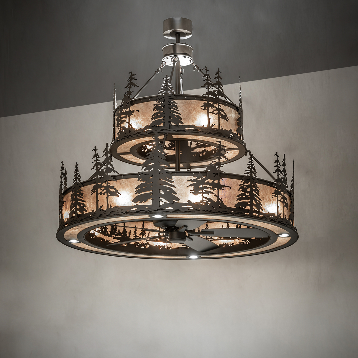 Tall Pines Chandel-Air softly glowing in a dark room ambient view with pine tree patterns.