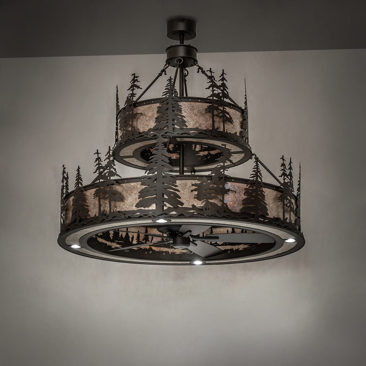 Dark room view showing four bulbs glowing in the circular frame with subtle forest reflections.